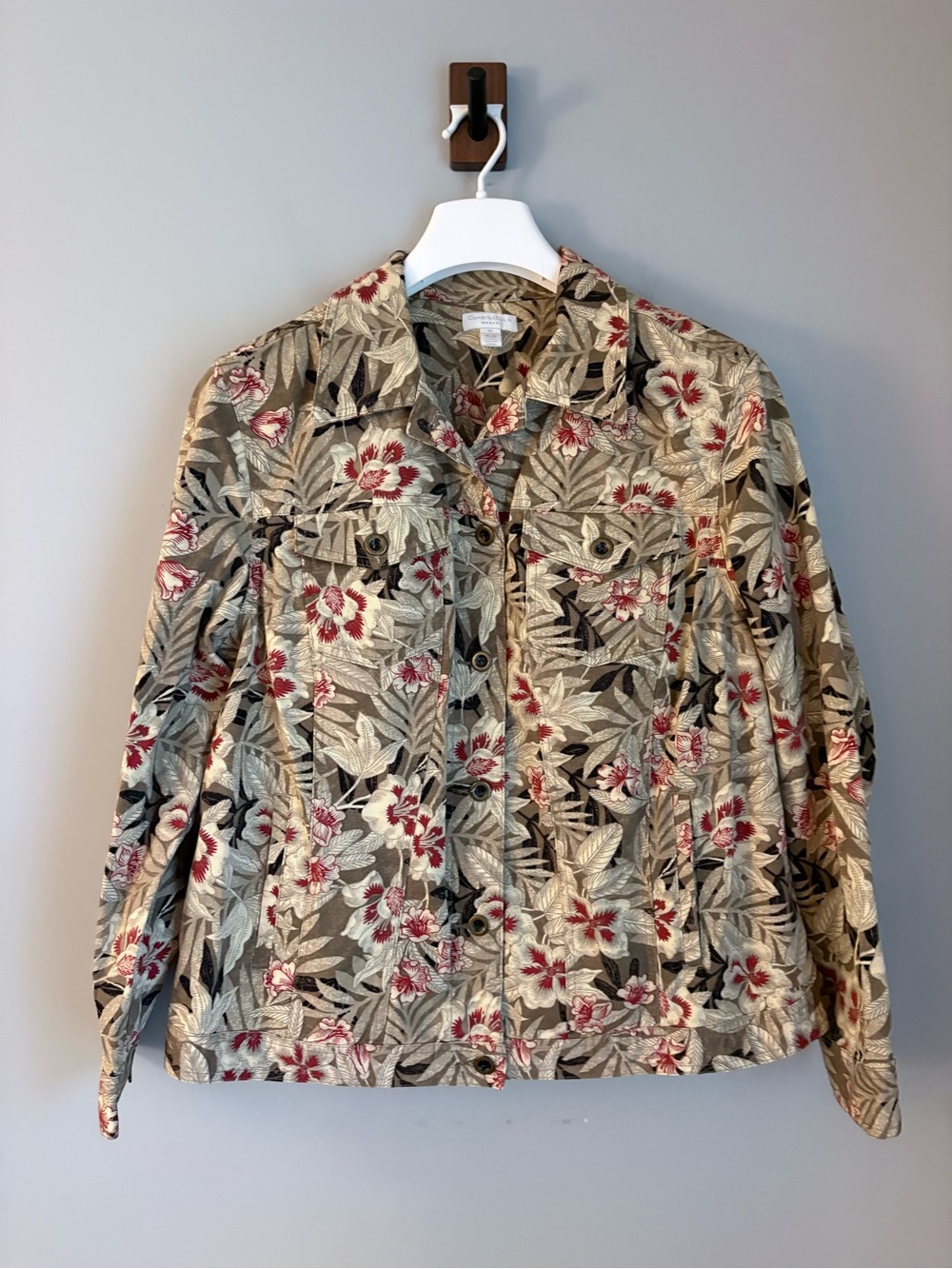 Charter Club Woman 1X Floral Jacket Beige Red Tropical Cotton Stretch Trucker